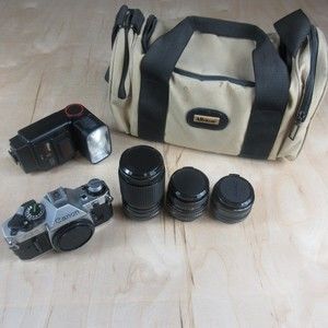 Canon AE-1 Program 35mm SLR Film Camera w/ 50mm, 135mm & 28mm w/ Flash Vintage